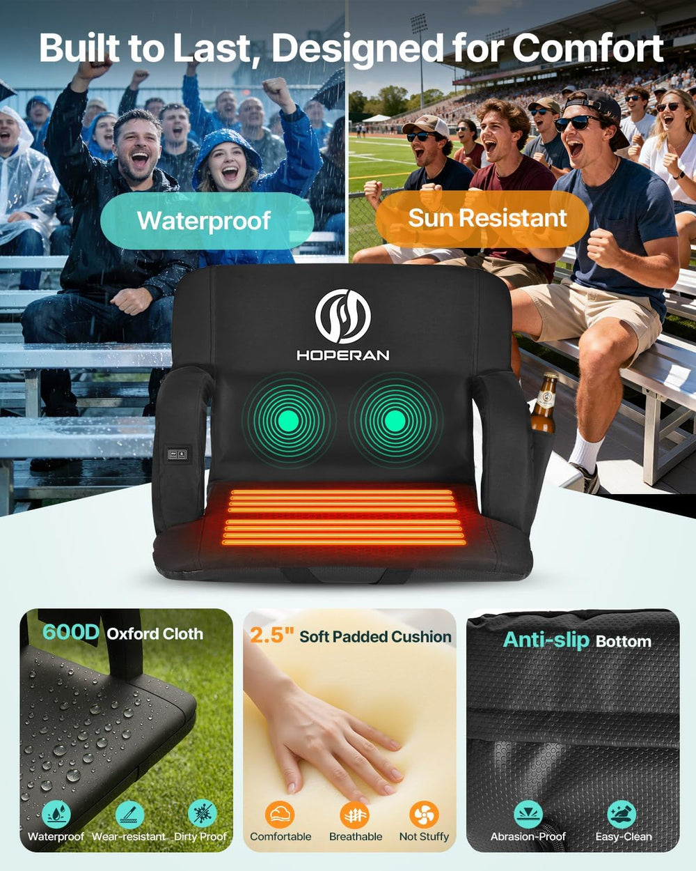 HOPERAN Massage Heated Stadium Seats for Bleachers, Dual Control, Portable