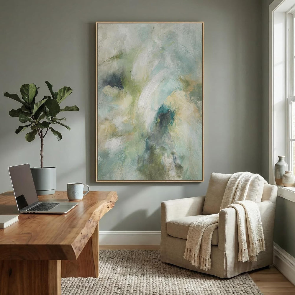 Extra Large Framed Teal Sage Green Abstract Wall Art, Vertical 40x60 In
