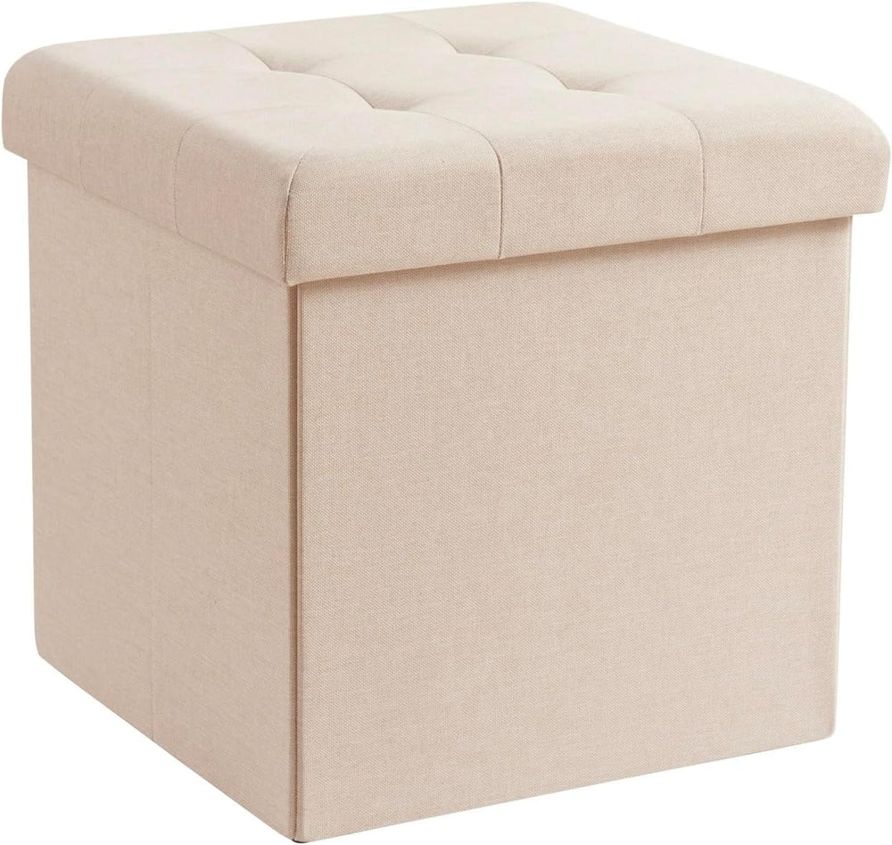Ornavo Home 15 Inch Folding Storage Ottoman Cube, Tufted Linen, Beige