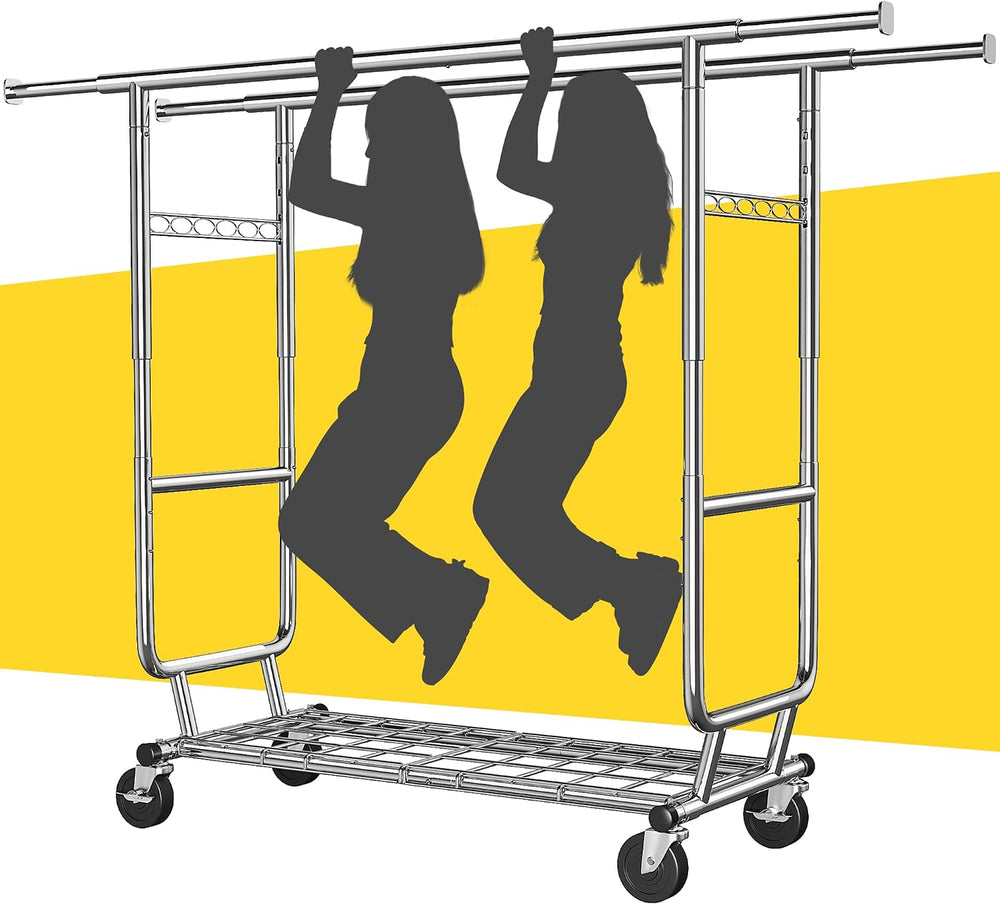 Raybee Heavy Duty Clothes Rack 650LBS Double Rods with Shelf Collapsible