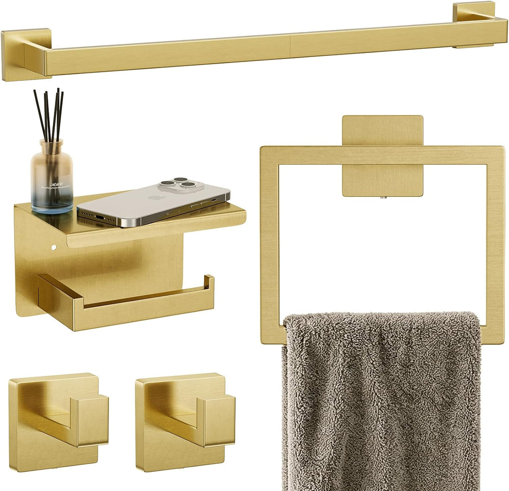 5-Pieces Brushed Gold Bathroom Accessories, 24 Inch Gold Towel Bar Set