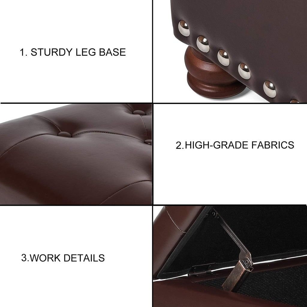 Adeco Button Tufted Accents Rectangular PU Leather Storage Bench Ottoman Footstool for Living Room Bedroom