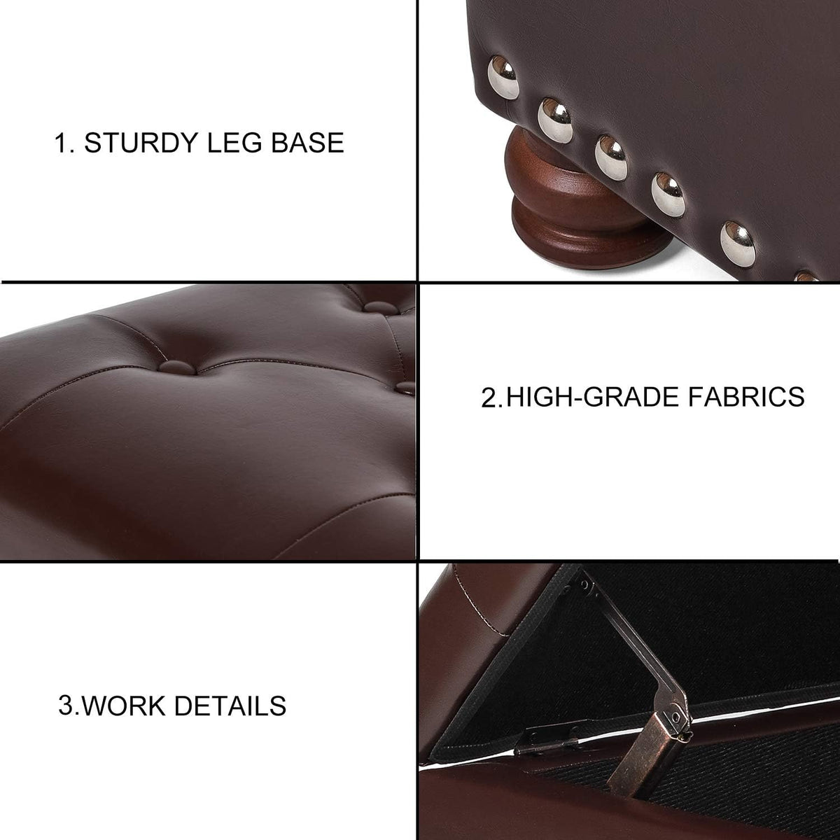 Adeco Button Tufted Accents Rectangular PU Leather Storage Bench Ottoman Footstool for Living Room Bedroom