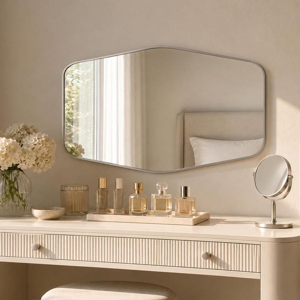 24x36 Inch Brushed Nickel Bathroom Vanity Mirror, Rounded Hexagon