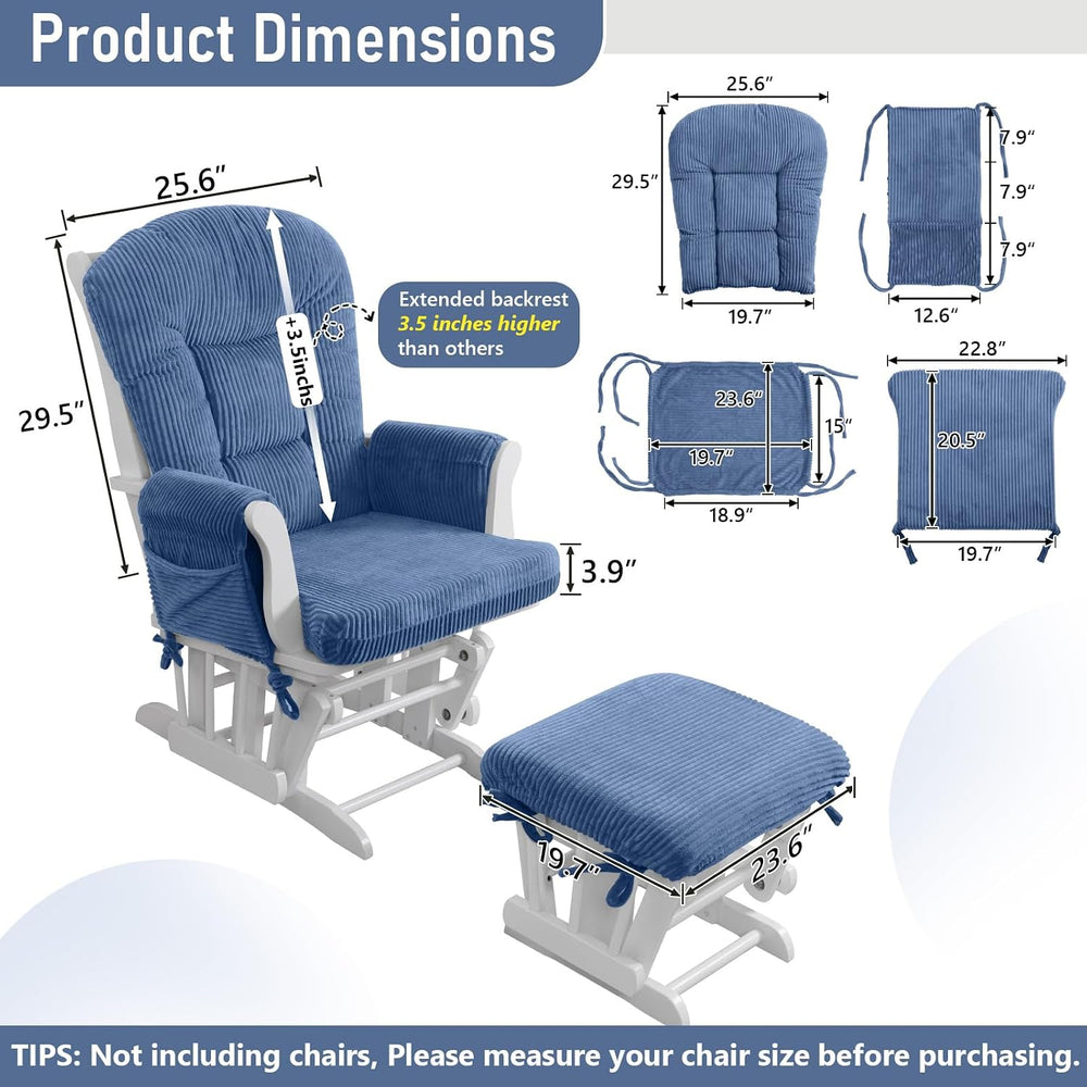 5PCS Glider Rocker Replacement Cushions with Storage Side Pockets, Blue