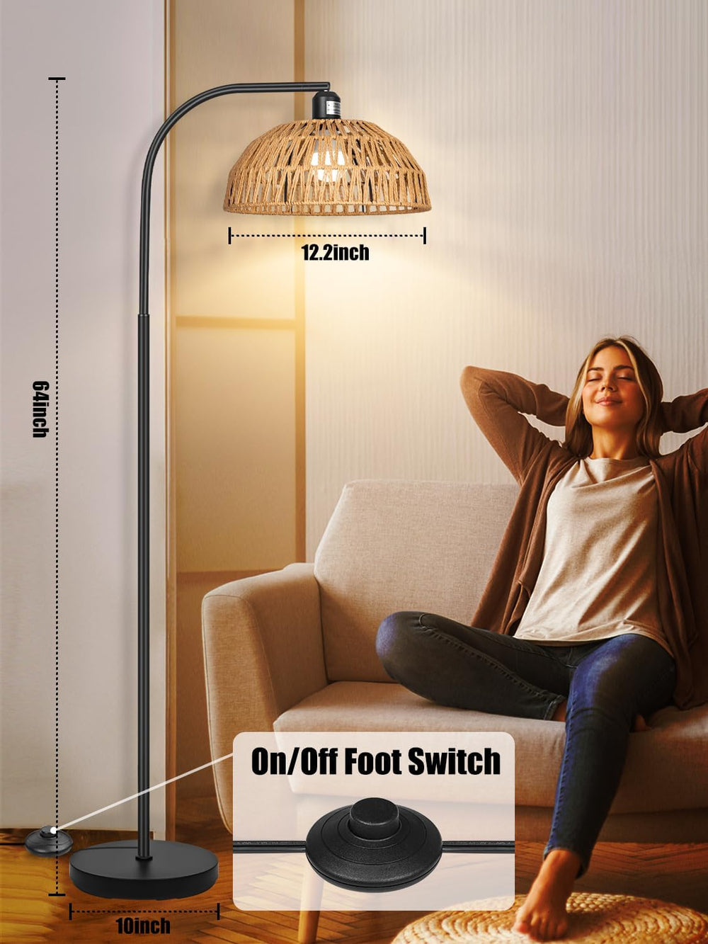 Brilvibera Boho Standing Lamp with Remote Control and Dimmable Bulb