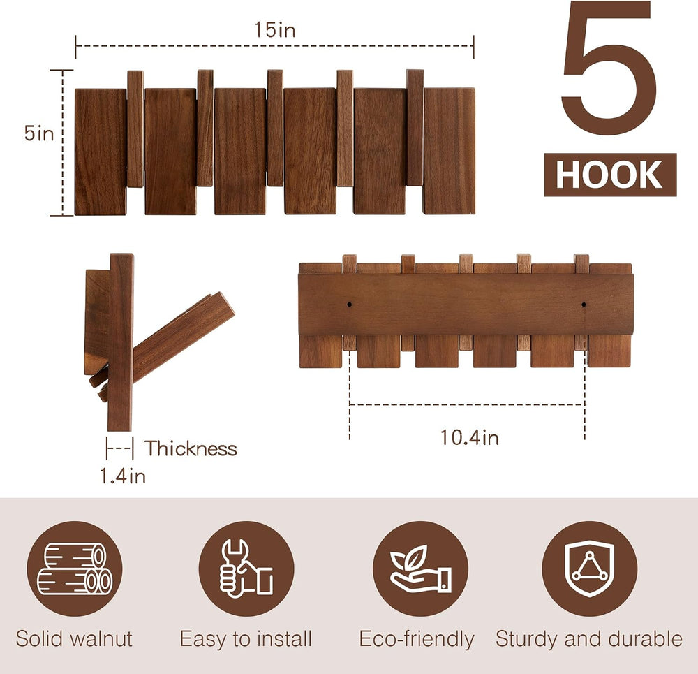 Coat Rack Wall Mount, Walnut 5 Flip-Down Picket Hanger Hooks for Entryway