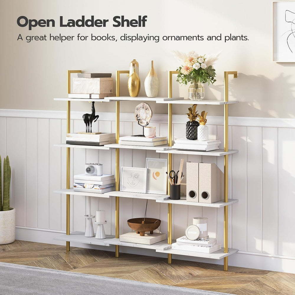 HOOBRO DIY Ladder Shelf, 6-Tier Wooden Wall Mounted Bookshelf, Narrow Gold Bo...