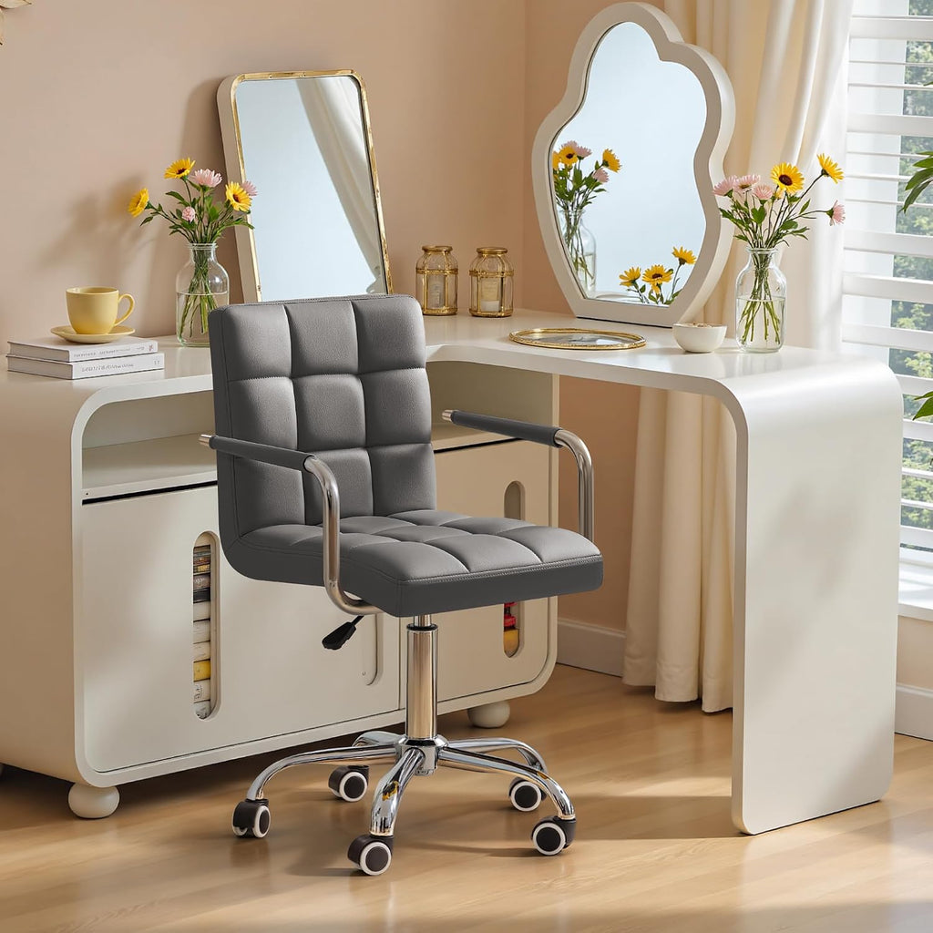 Furmax Small Office Chair with Wheels,Vanity PU Leather Desk Chair Modern Adjustable Home Desk Retro Comfortable Work Chair 360 Degree Swivel with Arms (Grey)