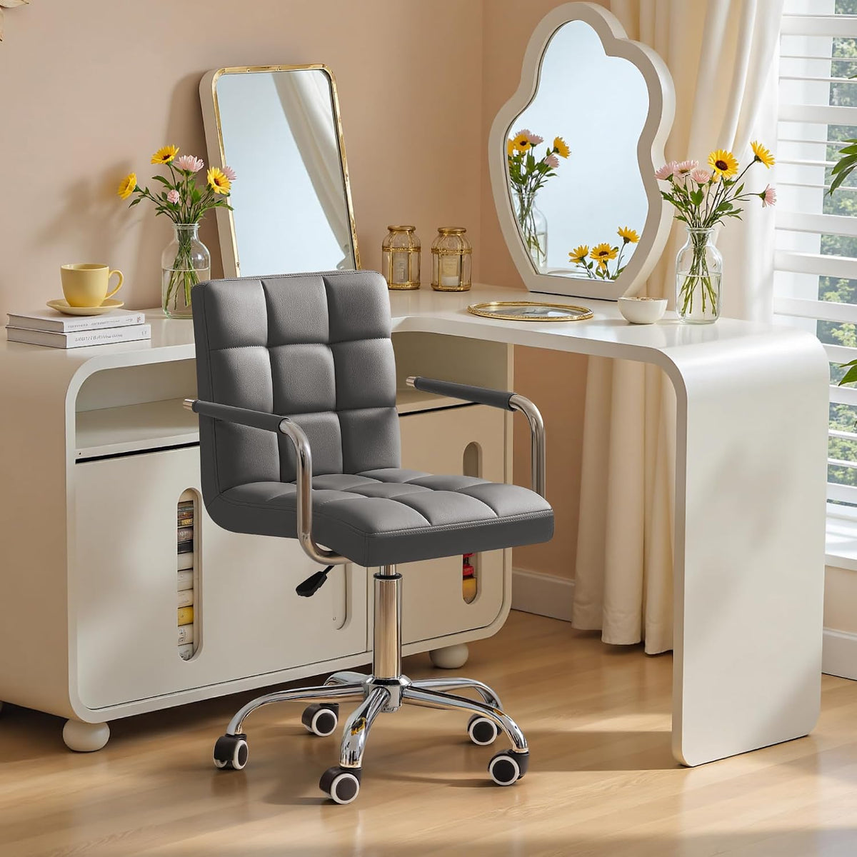 Furmax Small Office Chair with Wheels,Vanity PU Leather Desk Chair Modern Adjustable Home Desk Retro Comfortable Work Chair 360 Degree Swivel with Arms (Grey)
