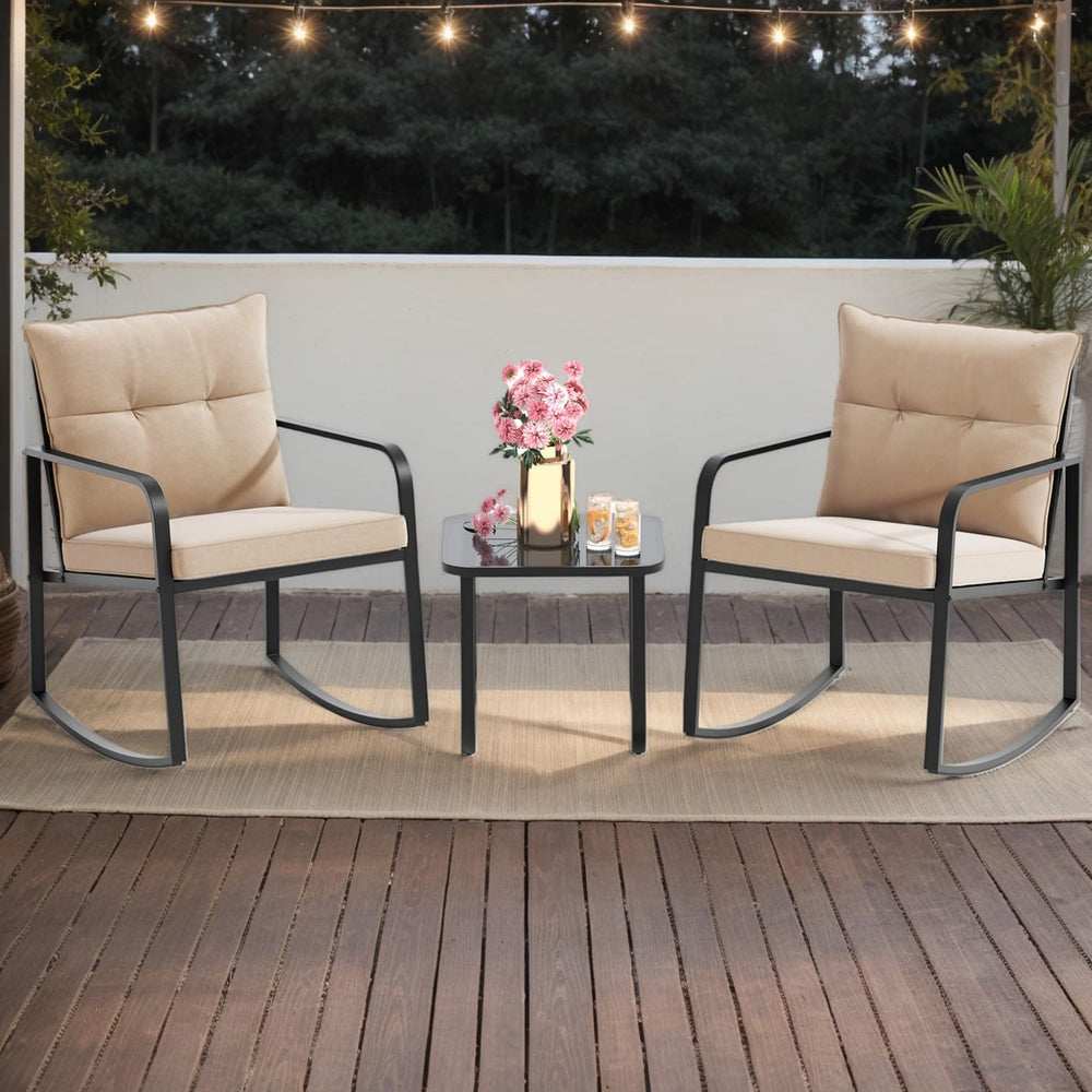 Gizoon 3 Pcs Rocking Bistro Set, Black Steel Patio Furniture,Beige Cushion