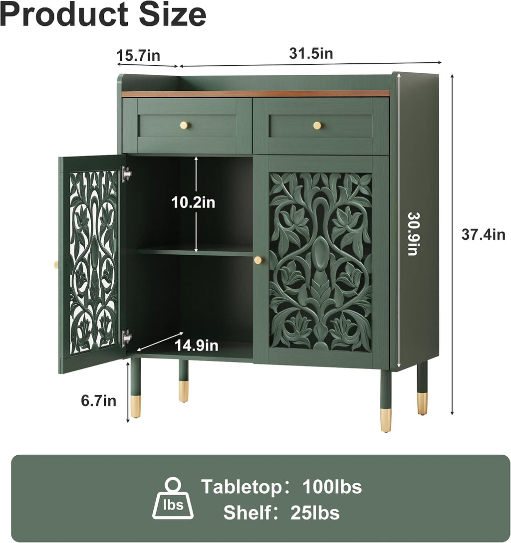 3More 2 Door Retro Carving Sideboard Buffet Cabinet with 1 Drawer, Green