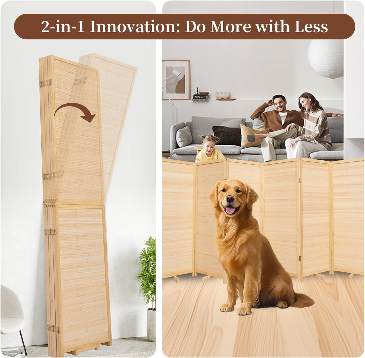 Bamboo Room Divider 6 Panel Wall Divider,Folding Screen W/Extra Stable Base