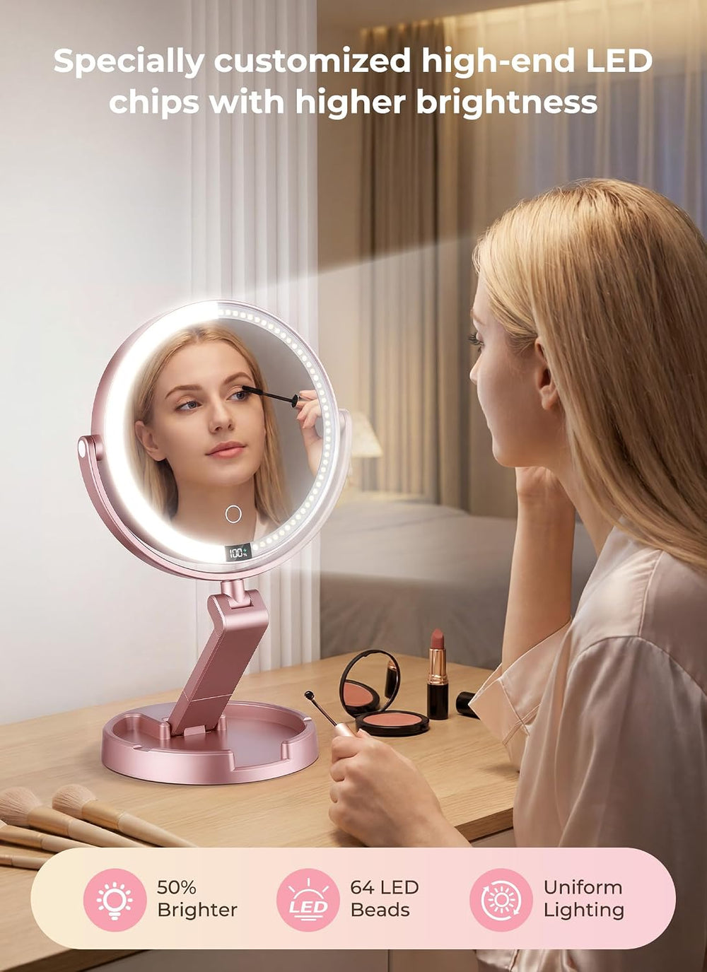Lighted Travel Makeup Mirror,1X/10X Magnification,3 Light Modes, Rose Gold