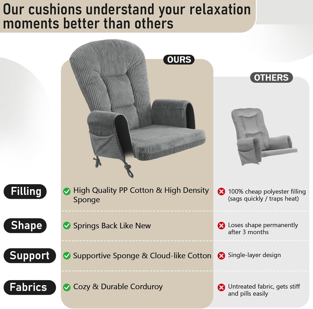 5PCS Glider Rocker Replacement Cushions with Storage Side Pockets, Grey