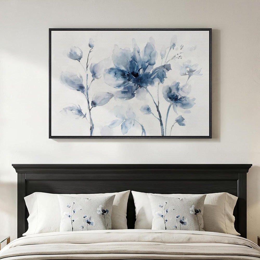 Framed Modern Minimalist Blue Pastel Floral Wall Art for Bedroom, 24x36 In