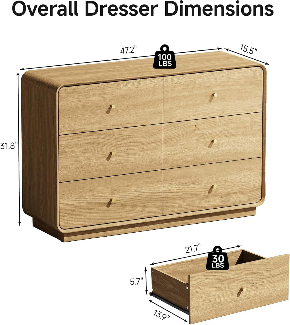 4 Pieces Bedroom Set, 6-Drawer Dresser & 3-Drawer Nightstands Set of 2 wi...