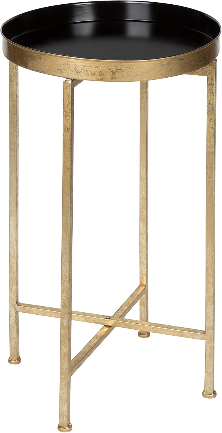 Kate and Laurel Celia Round Metal Foldable Tray Accent Table, Black with Gold...