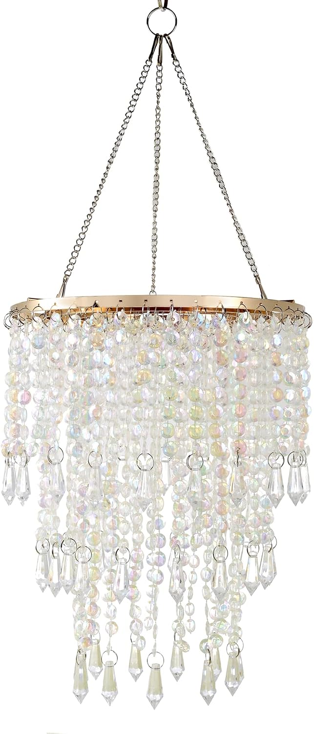 3-Tier Acrylic Chandelier Shade with Crystal Beads and Gold Frame - Elegant C...
