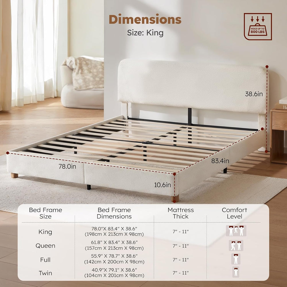 King Size Cloud Bed Frame, Boucle Wood Upholstered Platform Bed, Cream