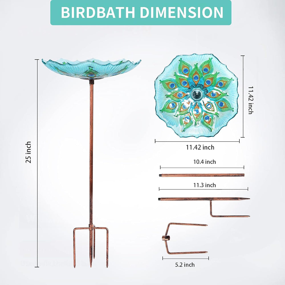 MUMTOP Glass Bird Bath, Garden Outdoor Birdfeeder with Metal Stake, Peacock