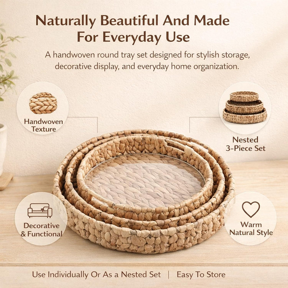 Round Woven Rattan Tray with Clear Acrylic Insert and Handles, Water Hyacinth...
