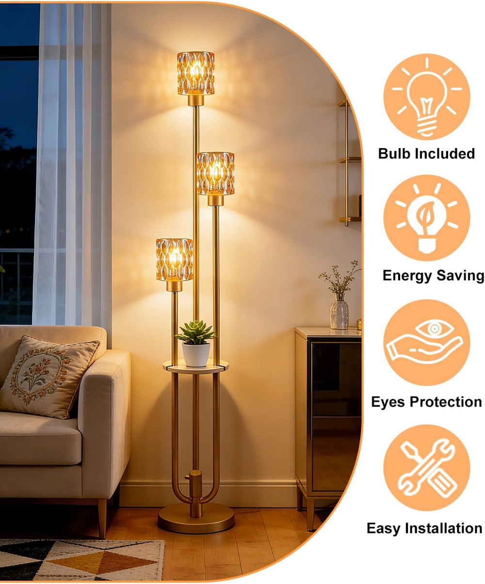 62IN Gold Floor Lamp with Amber Glass Shade 3-Lights Mid-Century Modern Farmh...