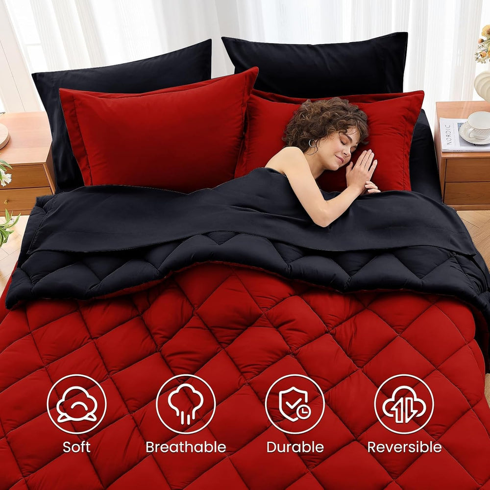 MUXHOMO Queen Comforter Set 7 Pieces, Reversible Bed in a Bag, Red/Black