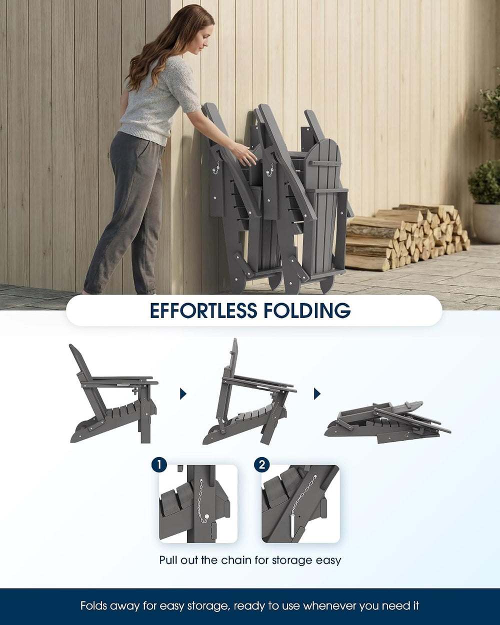 MUCHENGHY Folding Adirondack Chairs Set of 4, HDPE Patio Chair, Grey