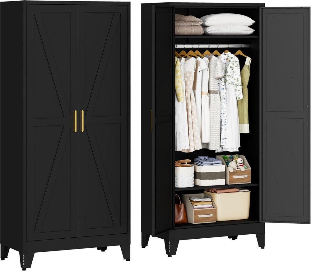 71" Metal Wardrobe Closet Clothing Storage Cabinet with Hanging Rod