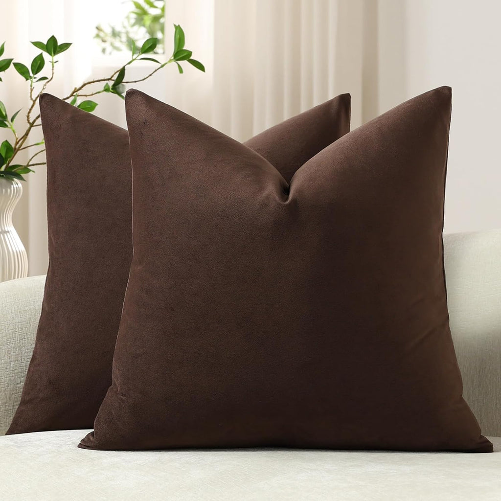DEZENE Euro Sham Covers 26x26 Chocolate Brown: Pack of 2 Cozy Soft Velvet Square Modern Luxury Decorative Throw Pillow Cases for Sofa Couch Living Room Bed Home Decor