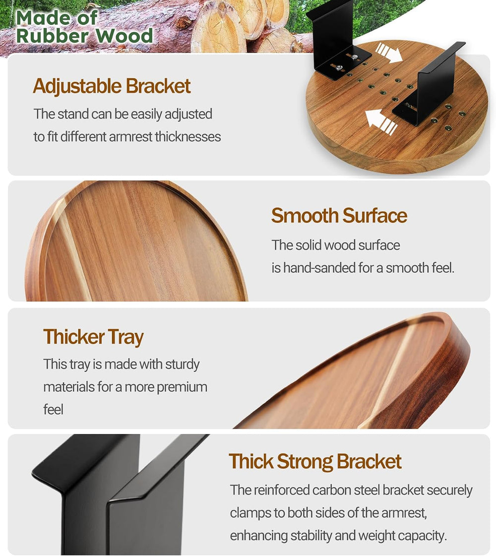 Acacia Wood Couch Arm Tray Table,Anti-Slip Adjustable Round Sofa Arm Tray,Woo...