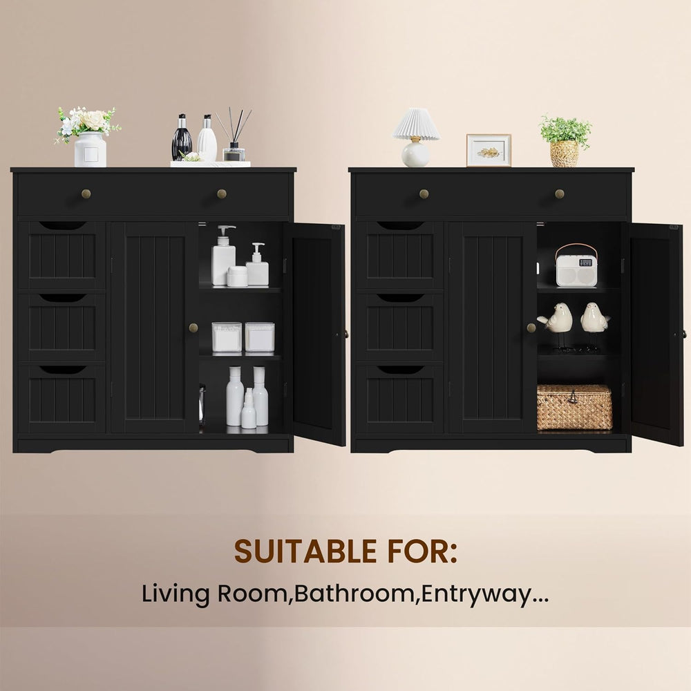 Yaheetech Bathroom Floor Cabinet with 1 Big Drawer, 3 Small Drawers, Black
