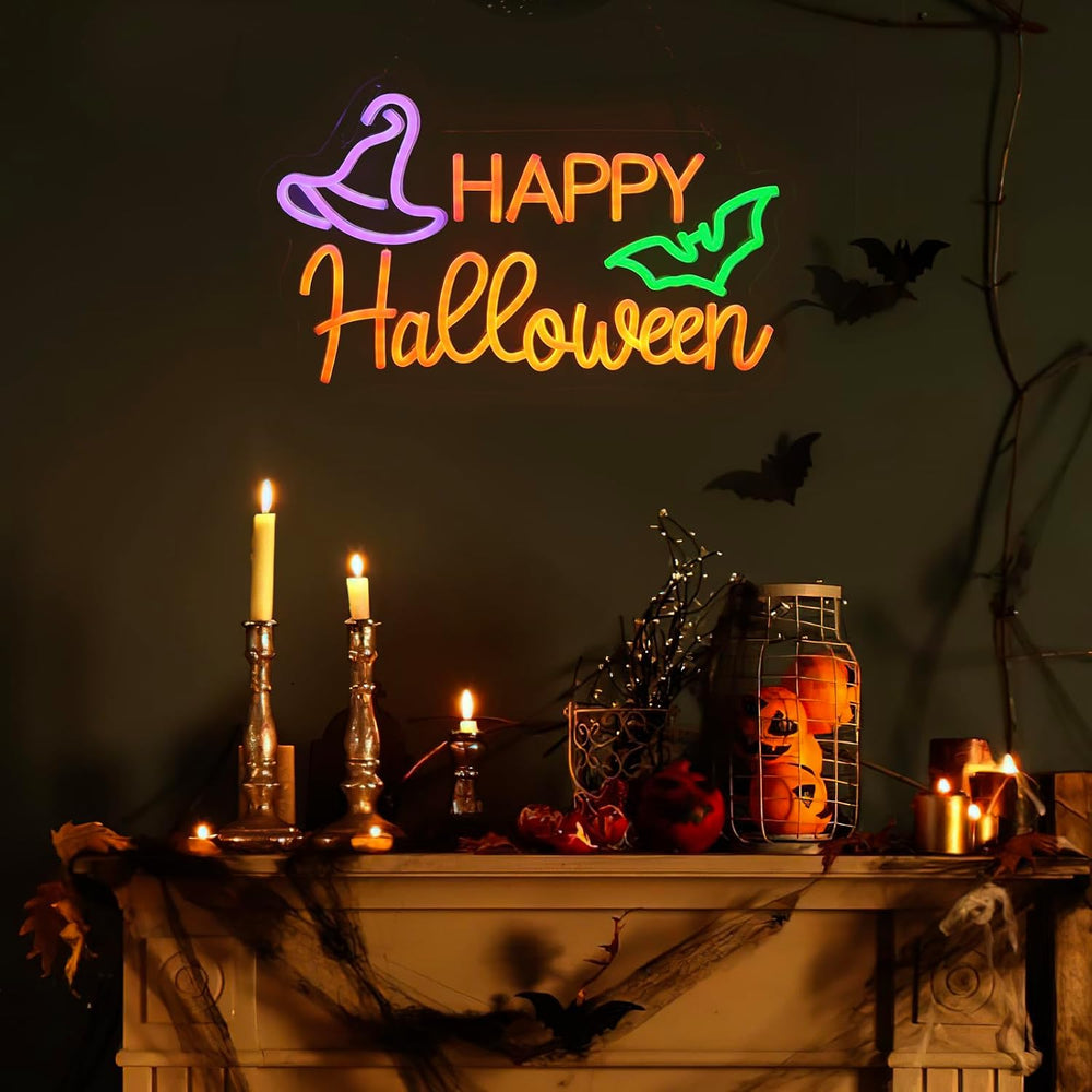 Qmetalart Happy Halloween Neon Sign, USB Powered LED Wall Decor