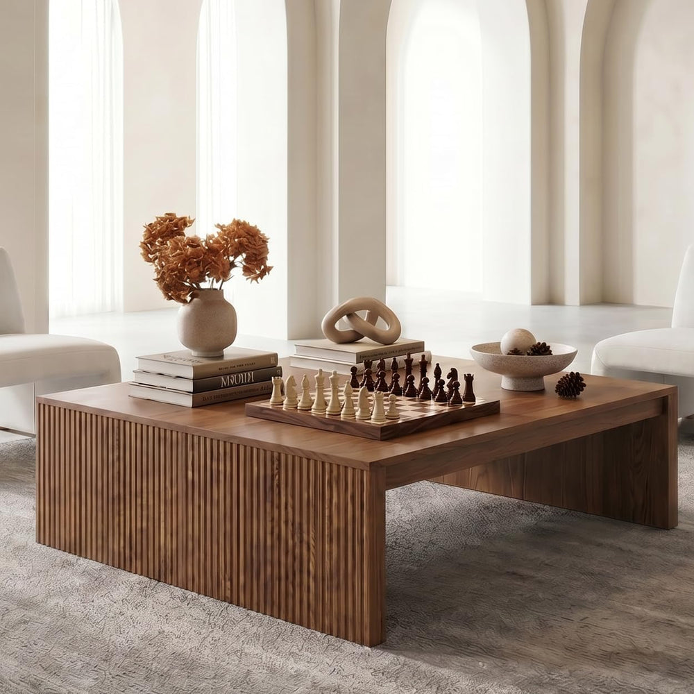 LITTLE TREE 39.4" Square Fluted Coffee Table, Mid-Century Modern Brown C...
