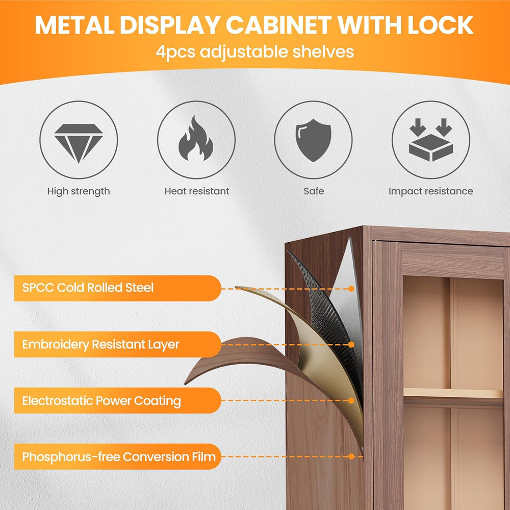 Locking Display Cabinet with Glass Door, 71”H Metal Curio Cabinets with Adjus...