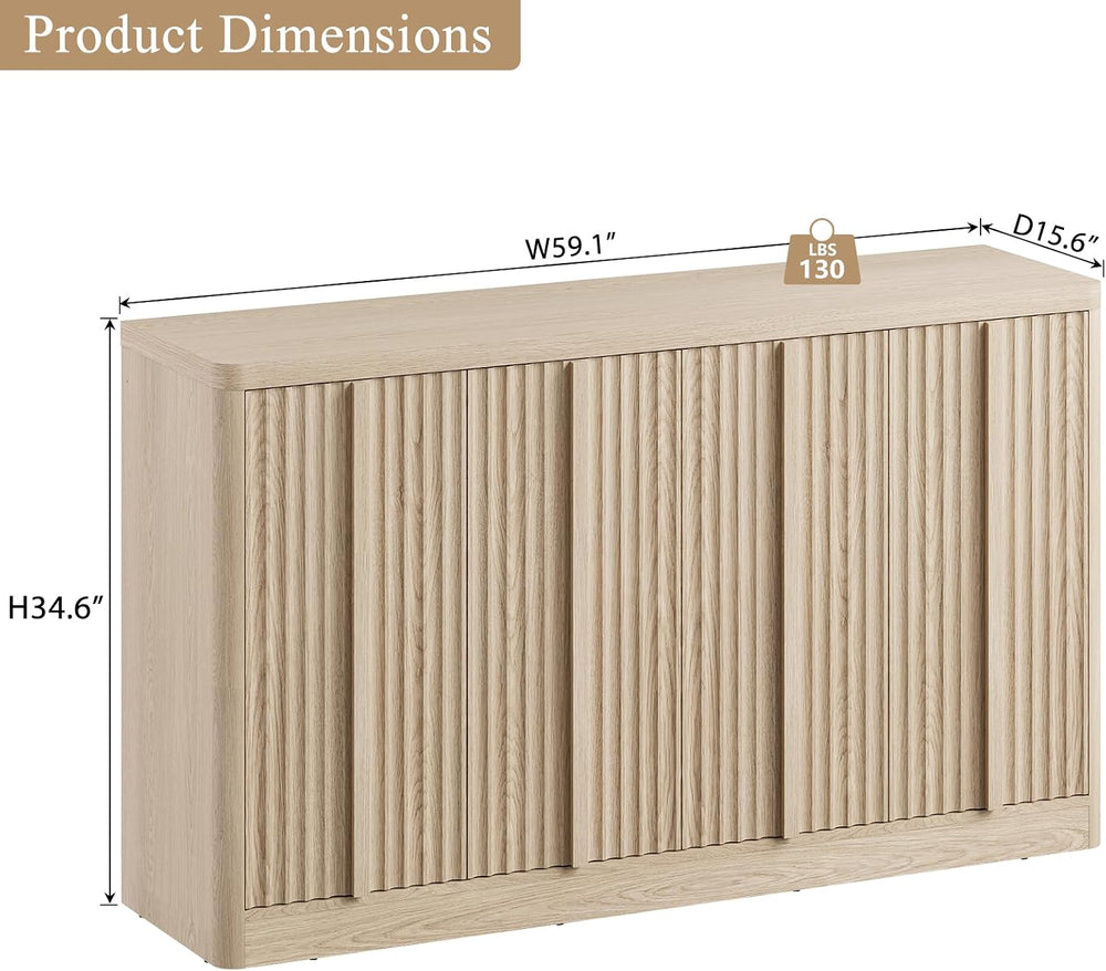 60" Fluted Sideboard Buffet Cabinet with Solid Wood Handles, Natural(1PC)