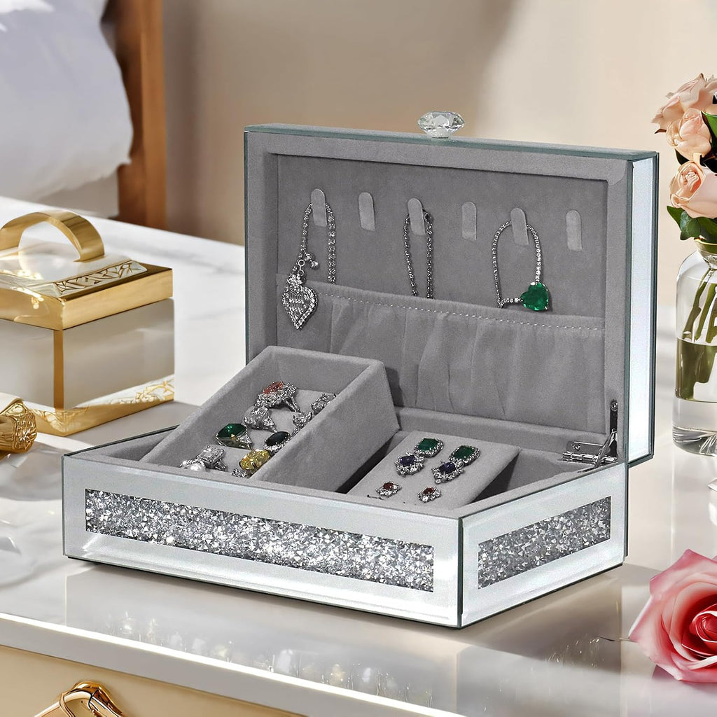 Mirrored Jewelry Box with Lid, Crushed Diamond Bling Jewelry Organizer for Women Girls, Ring Necklace Bracelet Storage Box, Gift Idea