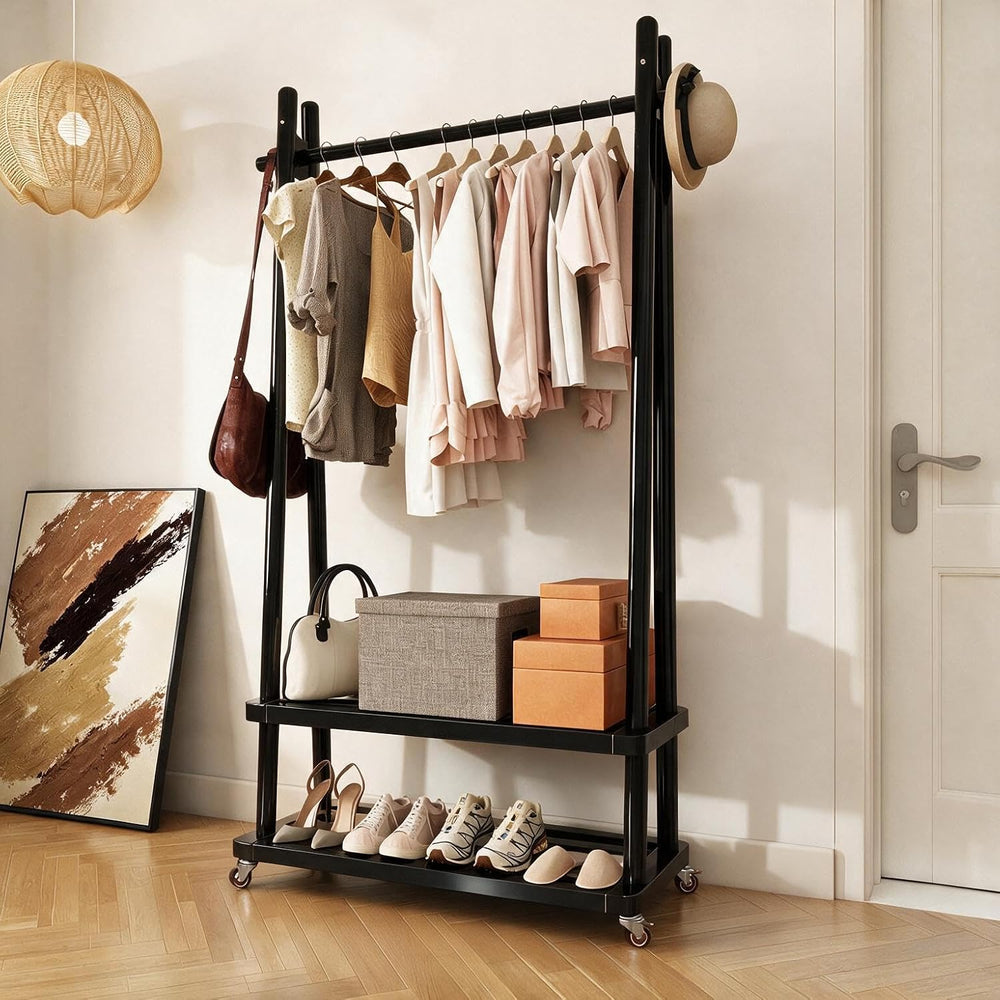 Solid Wood Clothing Rack with Wheels, Garment Rack Shelves, 31.5"W BLACK