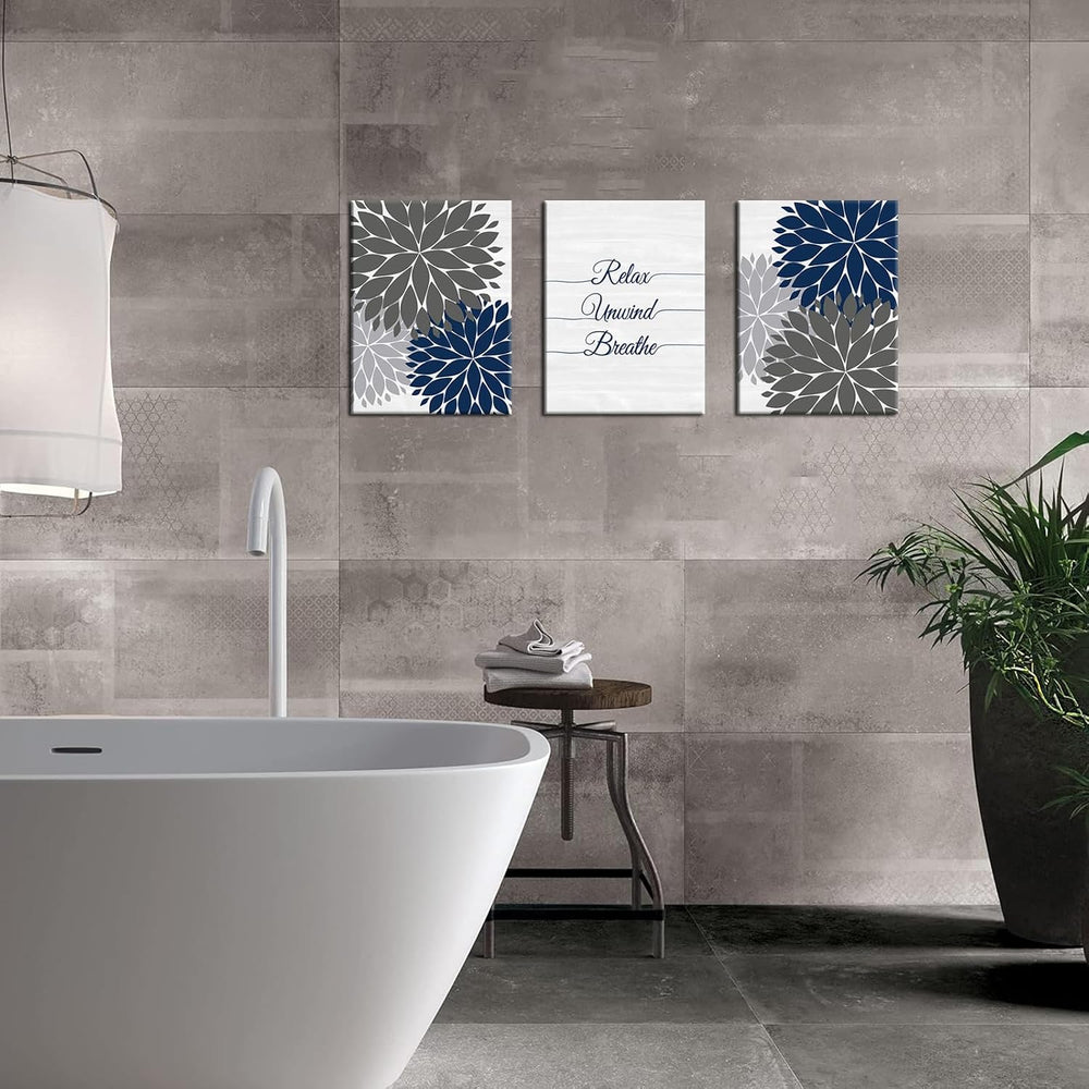 iHAPPYWALL 3 Pieces Relax Unwind Navy Bathroom Wall Art Blue and Grey Bath Fl...