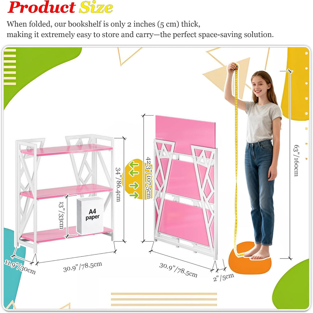 UDD No Assembly Wide Folding Bookshelf, 34" H x 30.9" W, 3 Tier Fol...