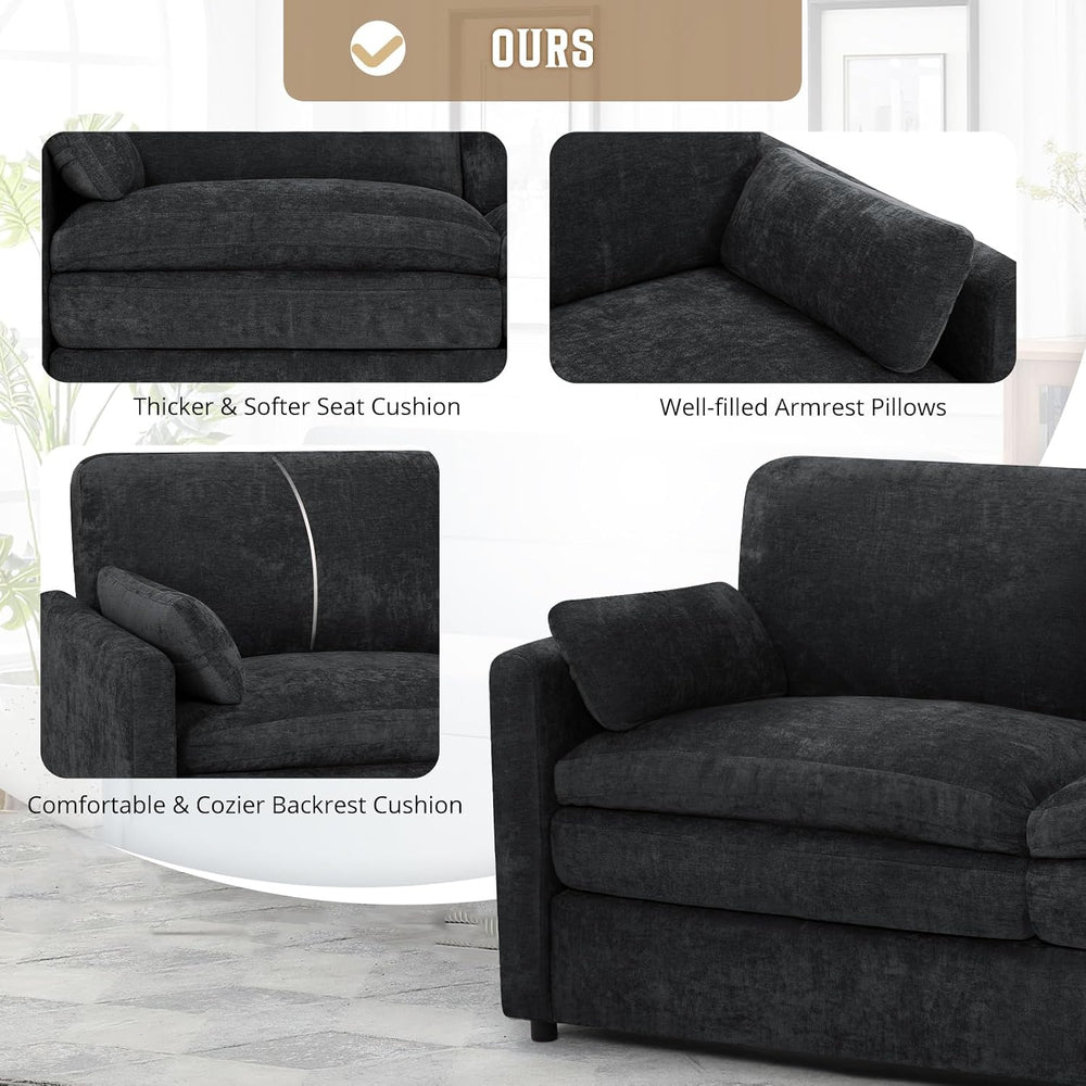 2 Pieces Chenille Upholstered Sofa Set w/Thicker Cushions, Black