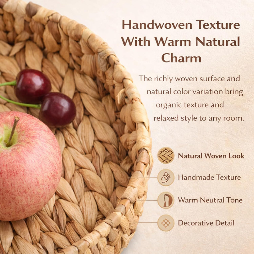 Round Woven Rattan Tray with Clear Acrylic Insert and Handles, Water Hyacinth...