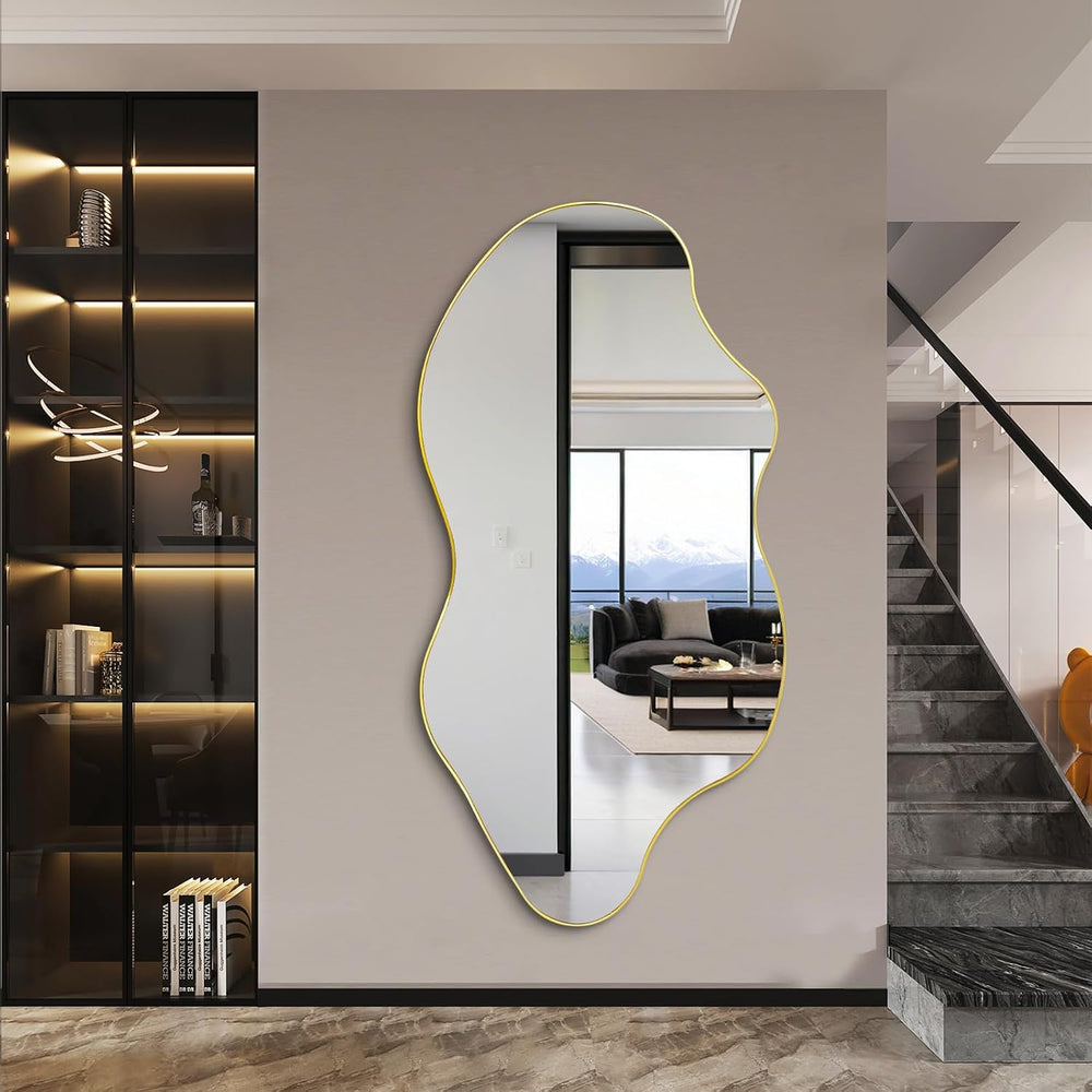 59"x30" Large Irregular Wall Mirror, Gold Frameless Mirror
