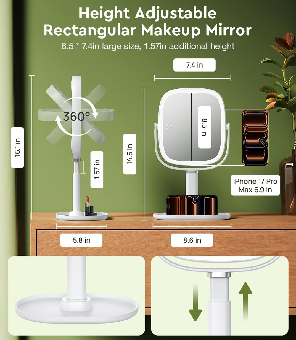 Height Adjustable Lighted Makeup Mirror with Lights and Magnification 20X