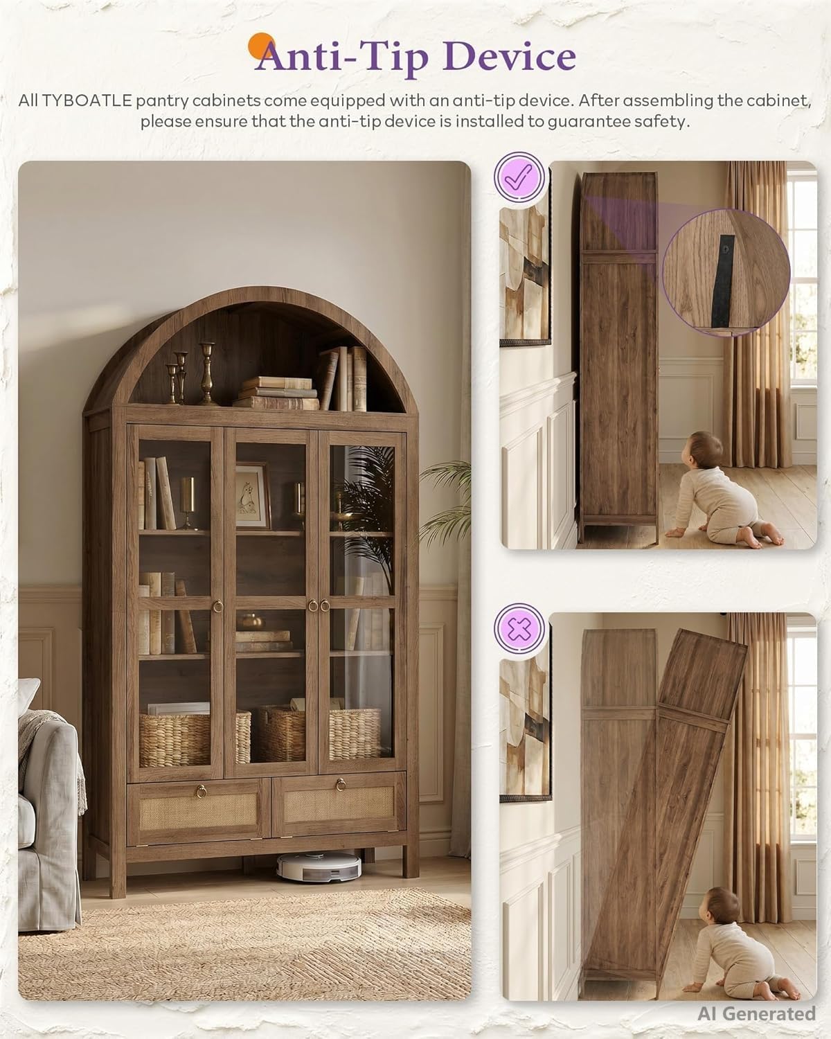 TYBOATLE 75'' Arched Cabinet Classic Farmhouse Design w/Three Glass Doors, Arch Cabinet w/Rattan Drawers and Anti-Tipping Device, Versatile Cupboard for Kitchen, Bathroom, Natural