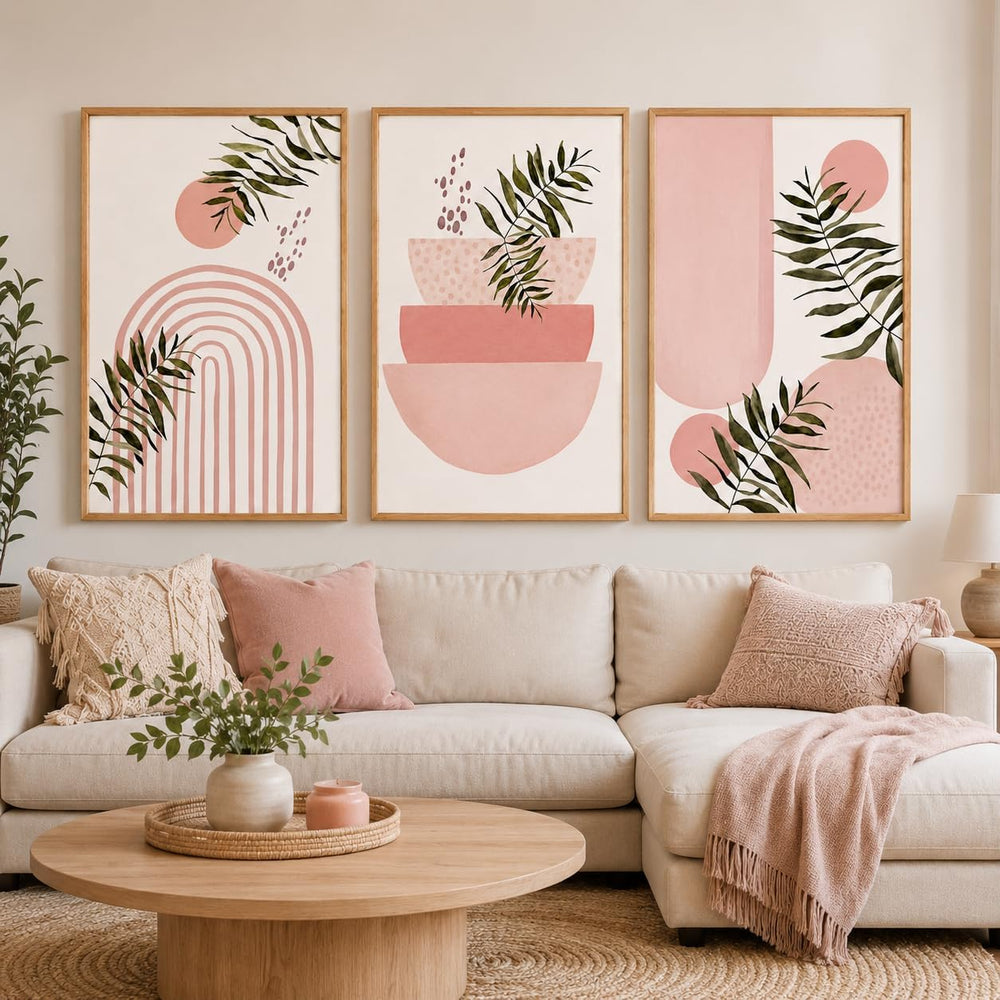 Framed 3pcs Boho Pink Geometric Leaf Canvas Wall Art 12x16 Inch