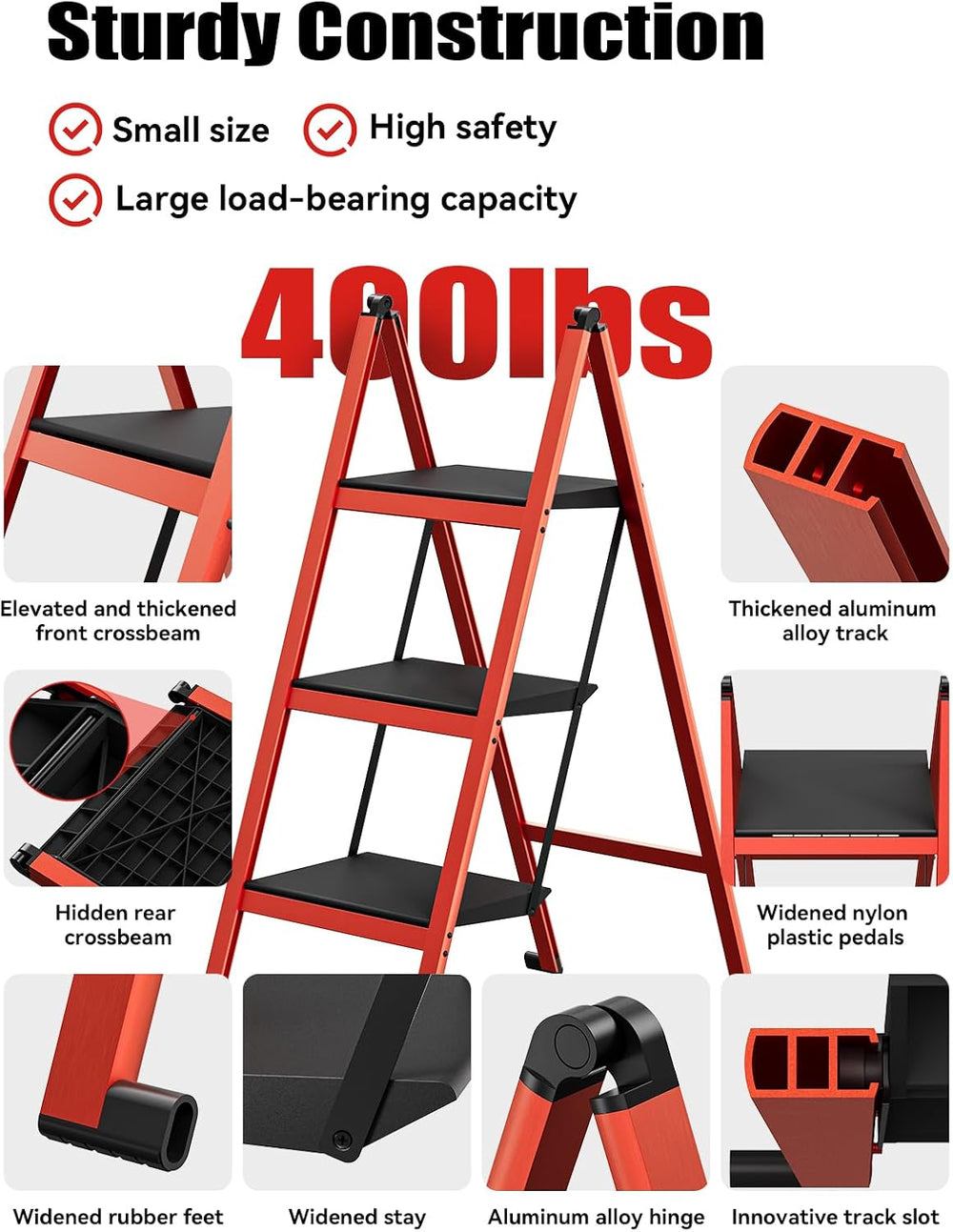 3 Step Ladder,Aluminum Ultra Thin Folding Step Stool,400 Lbs Capacity Heavy D...