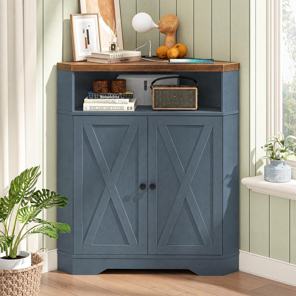 Halitaa Small Corner Storage Cabinet with USB Ports and Outlets, Blue