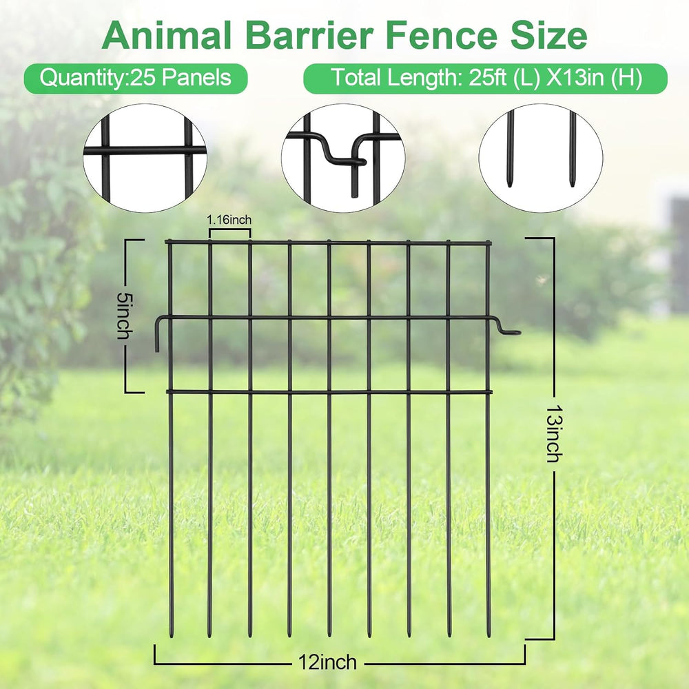 25ft(L) x 13in(H) Animal Barrier Fence,25 Panels 1.16in Gap No Dig Garden Fen...